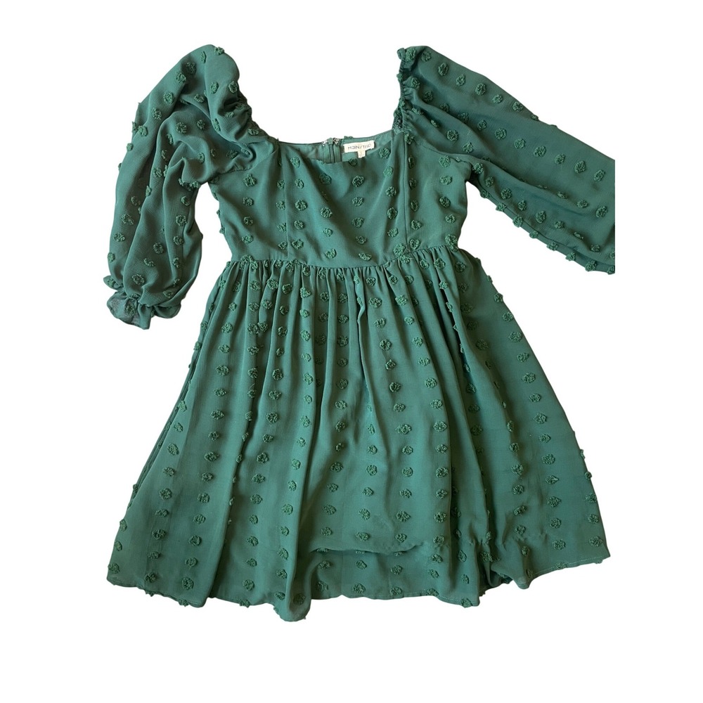 Mainstrip Swiss Dot Mini Dress‎ Women Small Green Puff Sleeve Babydoll